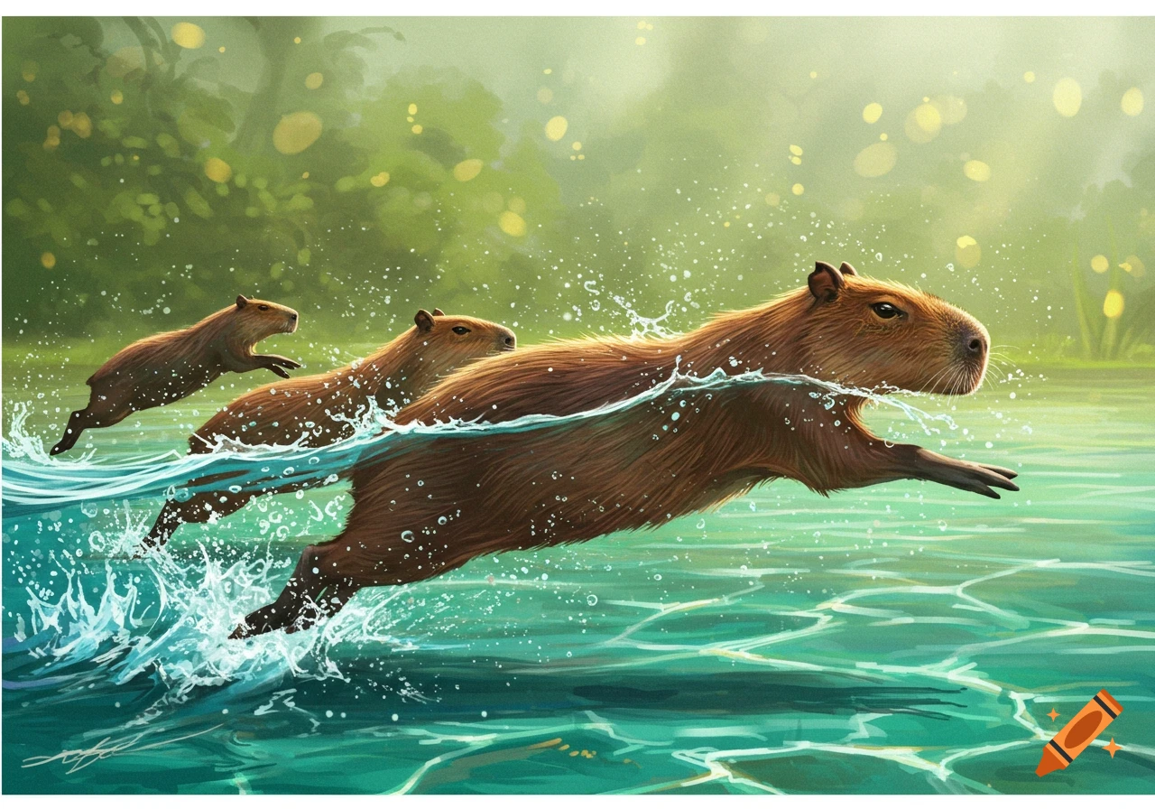 Three capybaras run and splash through green water.