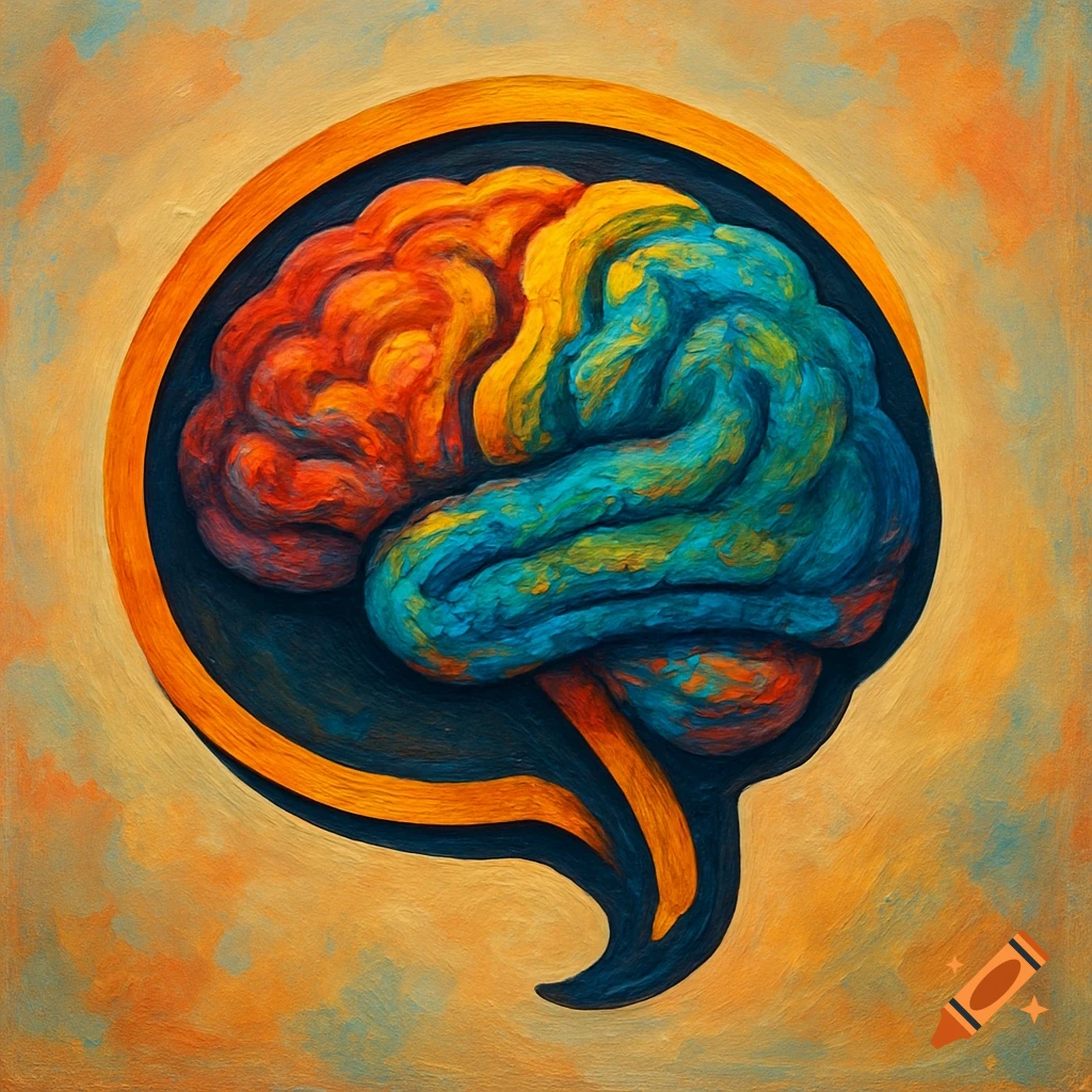 A colorful stylized human brain in an orange circular frame.