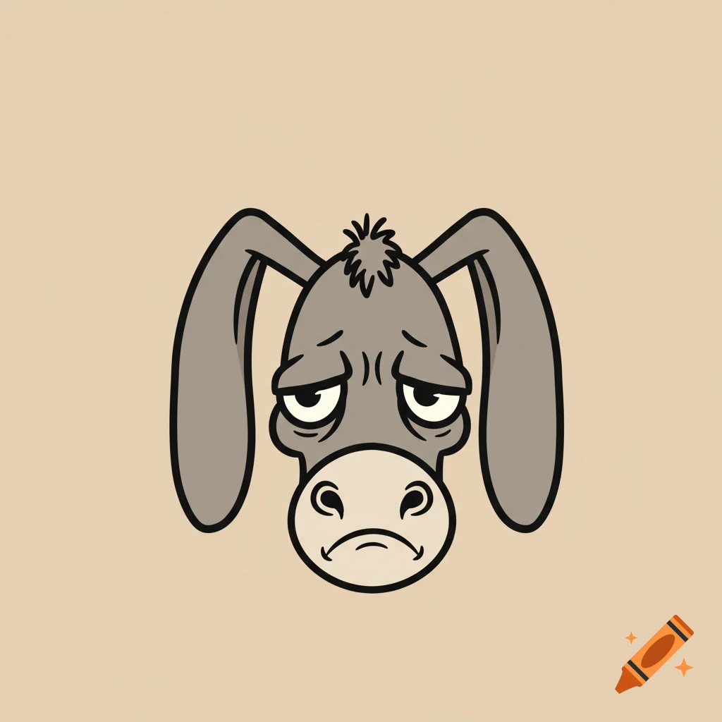 A cartoon donkey face with a sad, grumpy expression.
