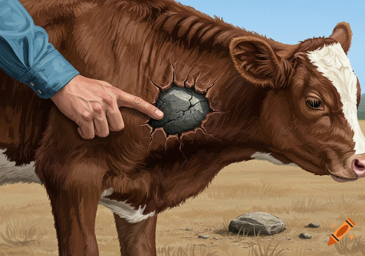 A hand points at a rock embedded in the side of a calf in a field.