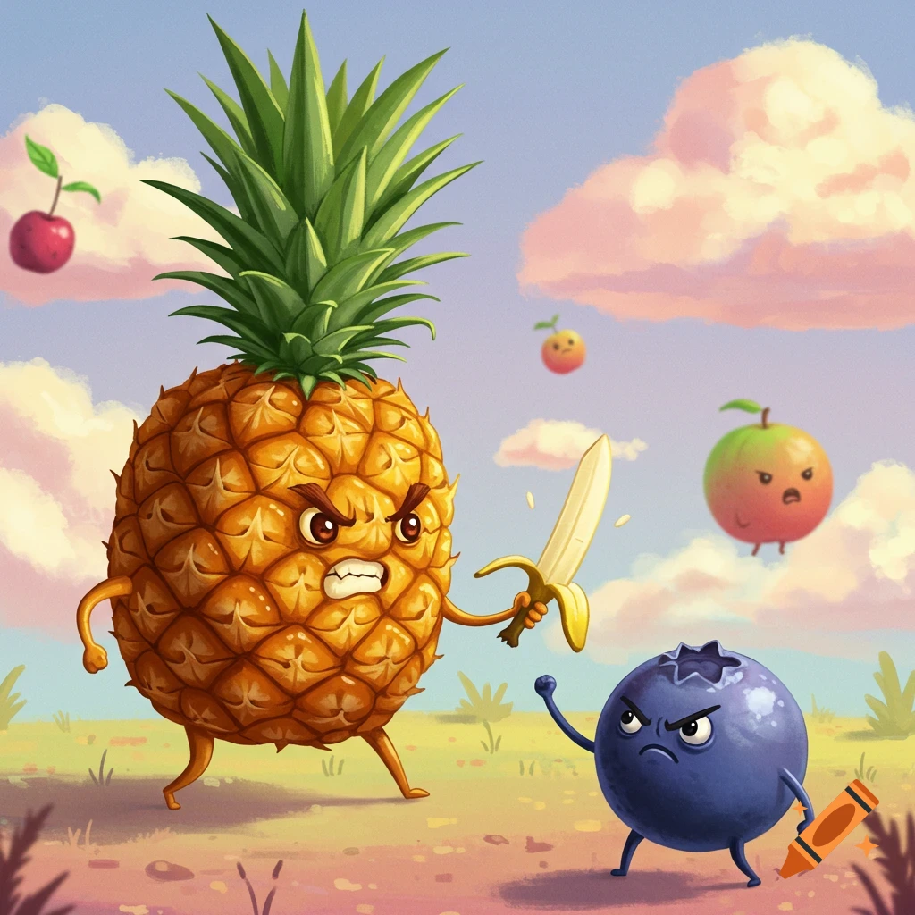 Cartoon pineapple fighting a blueberry with a banana sword in a landscape.