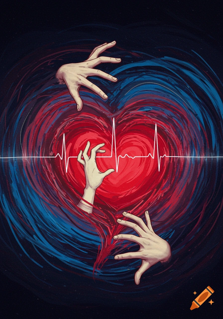 Multiple hands reach towards or emerge from a red heart shape surrounded by red and blue abstract swirls, crossed by a white heartbeat line.