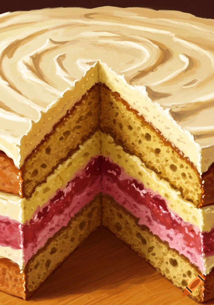Close-up of a layered cake with a slice removed
