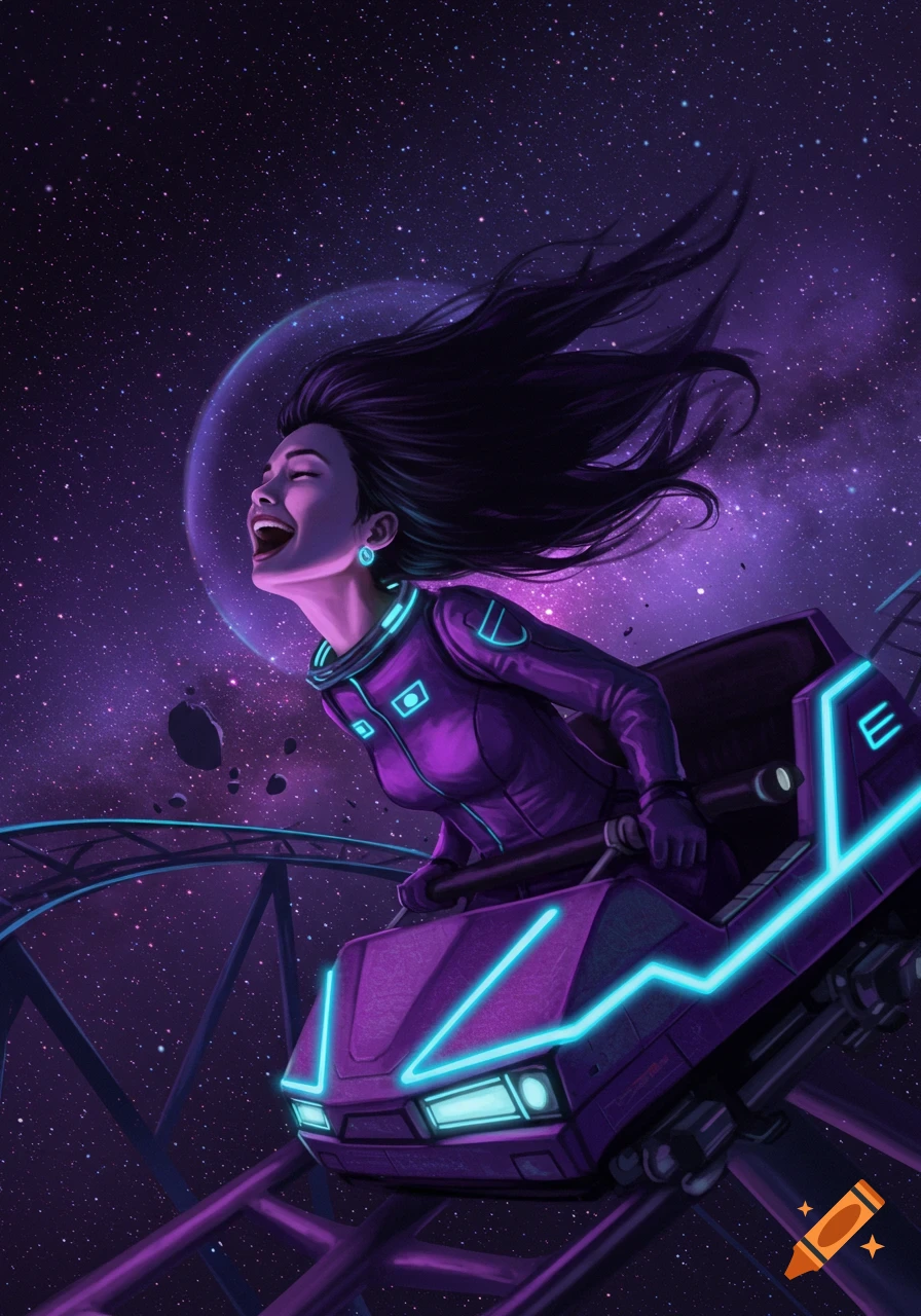 a woman riding a futuristic rollercoaster through space