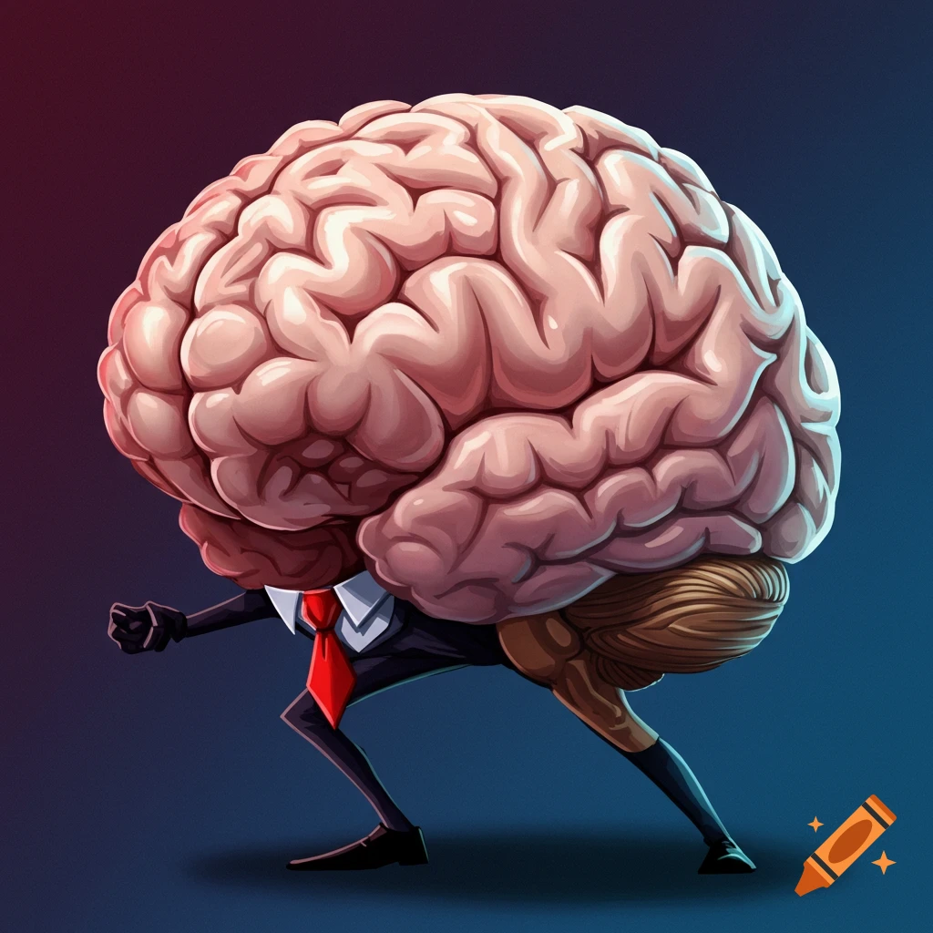 A cartoon illustration of a human brain wearing a suit and red tie, walking determinedly.