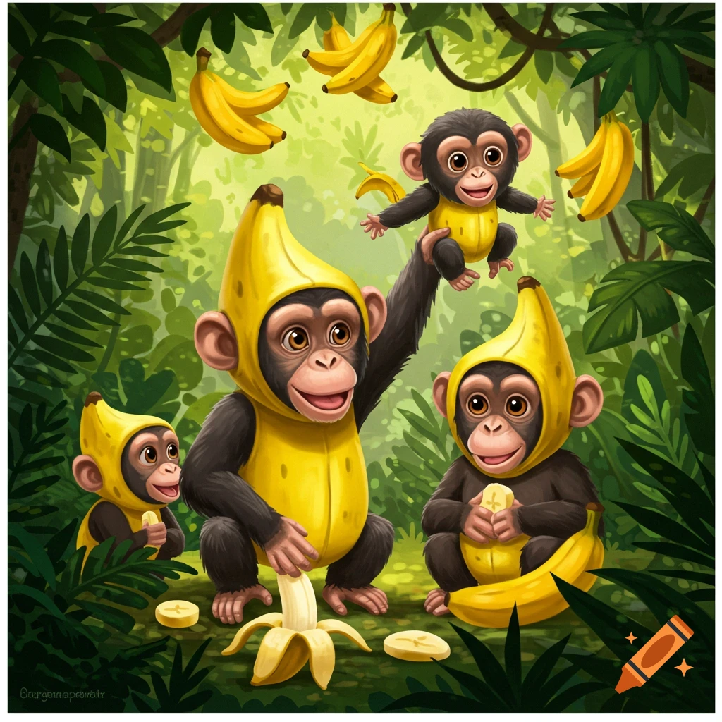 Cartoon of three baby chimpanzees in banana costumes playing with bananas in a jungle.