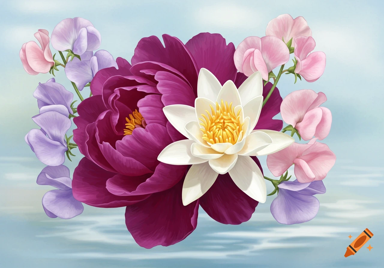 A bouquet featuring a purple peony, white water lily, and pink and purple sweet peas is depicted over aizing rippling blue background.