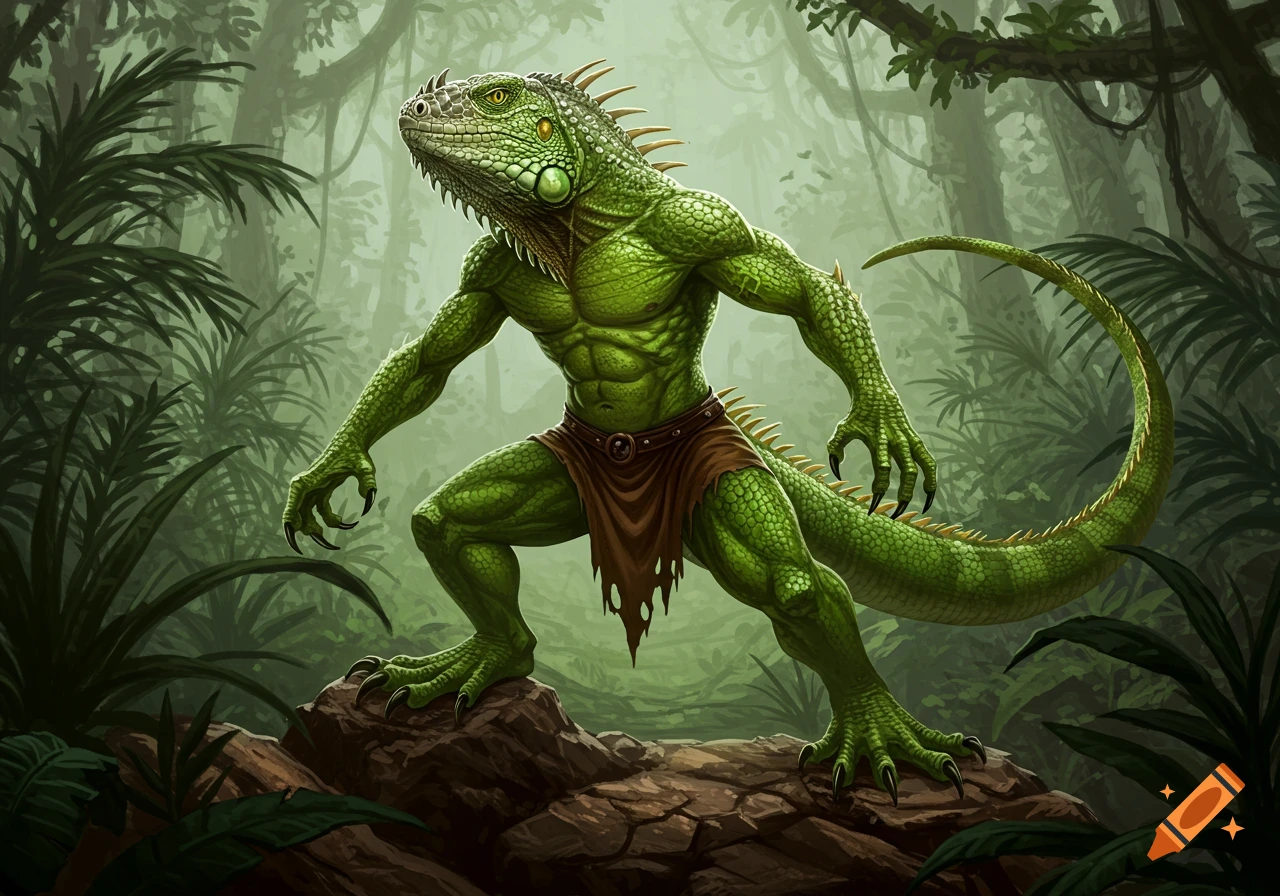A muscular green iguana humanoid is in a jungle.
