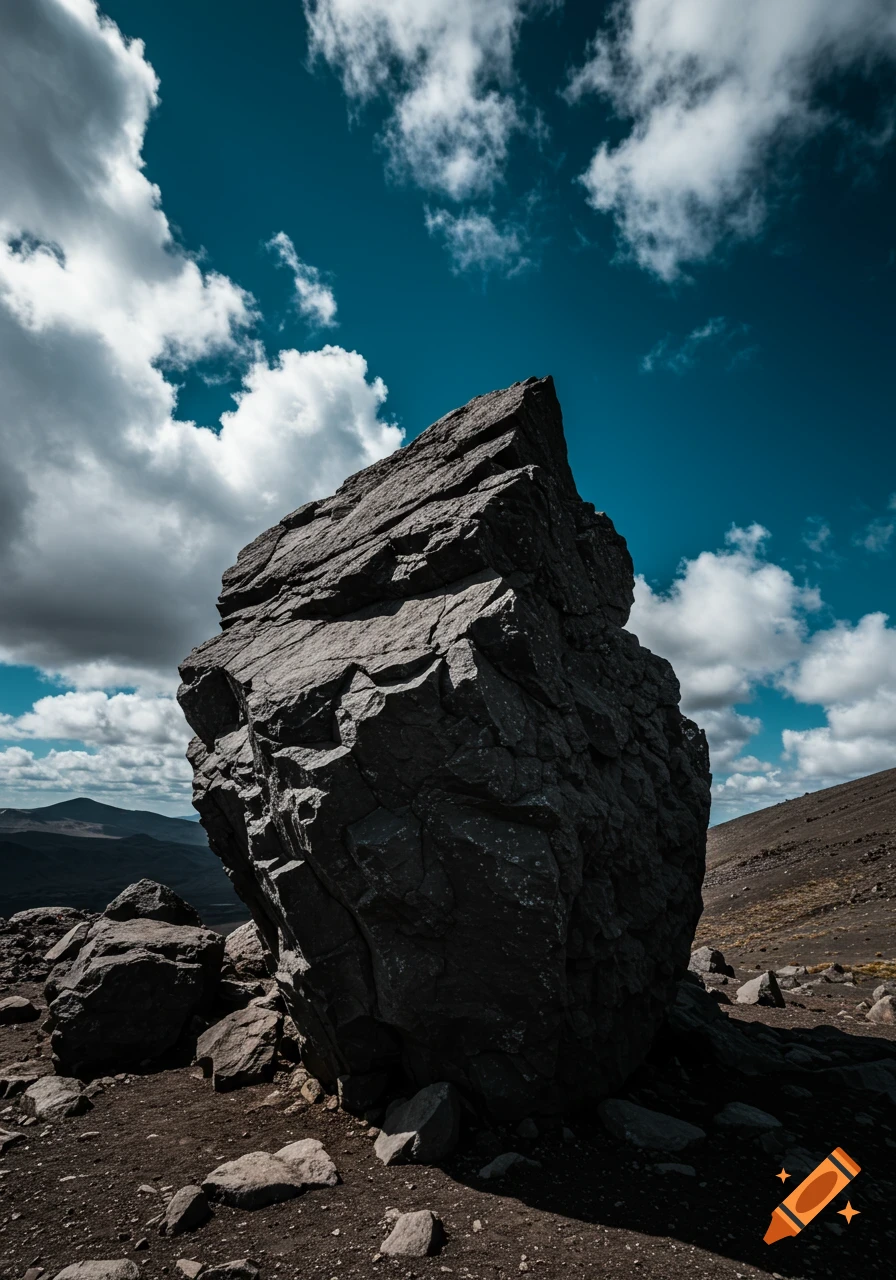 A large, jagged rock stands in a barren mountainous landscape under a dramatic cloudy sky.