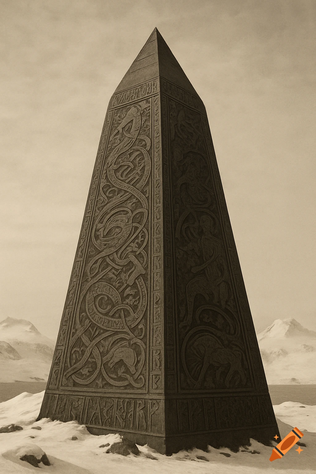 A large, dark, carved pyramid stands in a snowy mountain landscape, in the style of an old photograph.