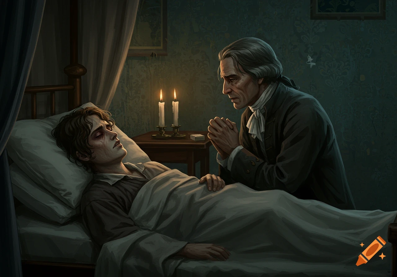 An older man prays over a young man lying in bed, lit by candlelight.