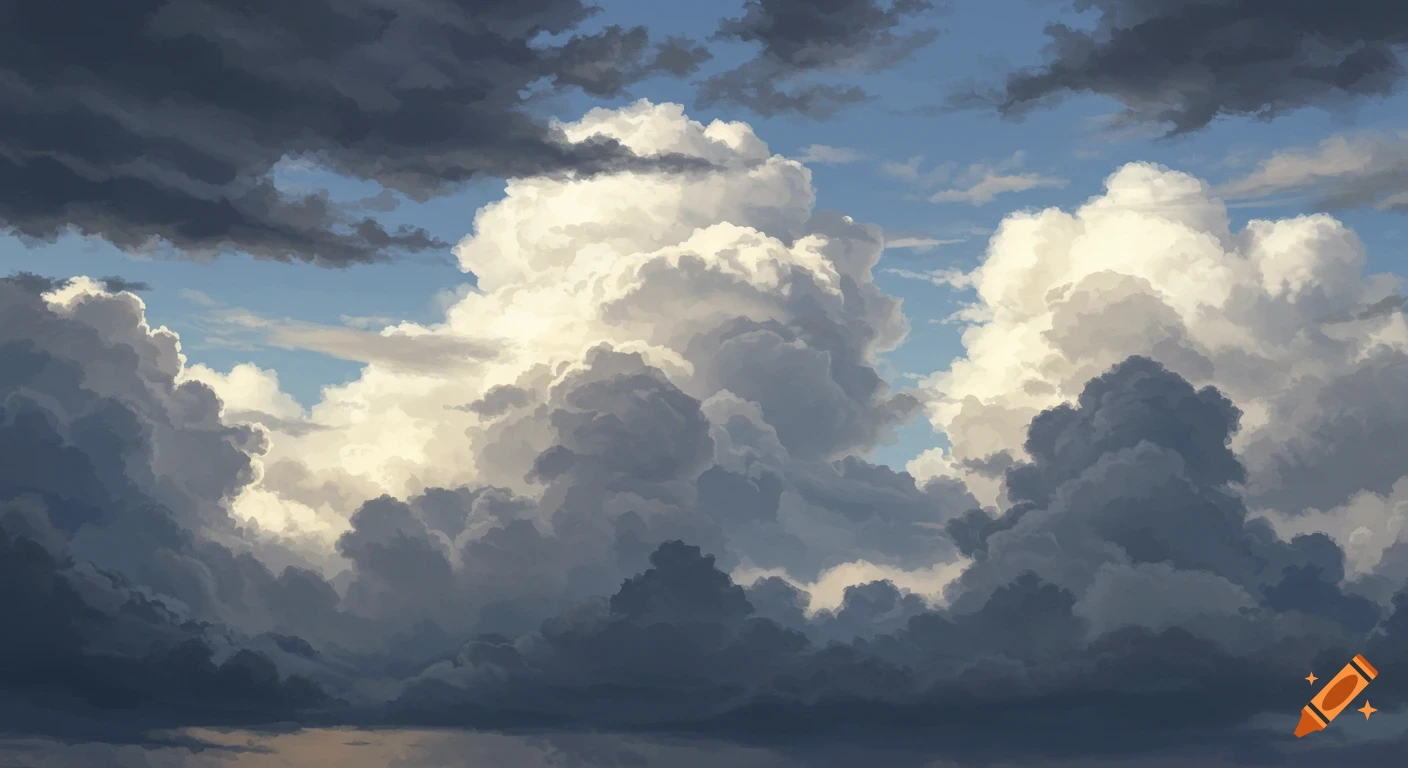 Dense, layered clouds with sunlight breaking through a moody sky.