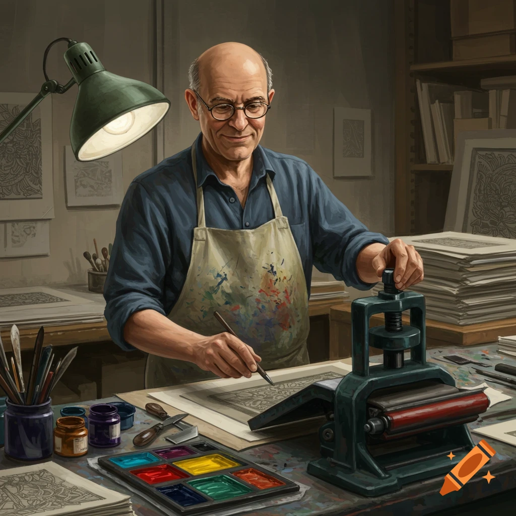 An older man is working as a printmaker in a workshop.