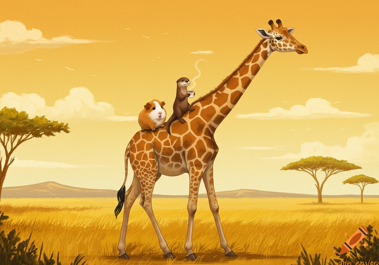 A guinea pig and otter riding a giraffe drinking coffee in a savanna.