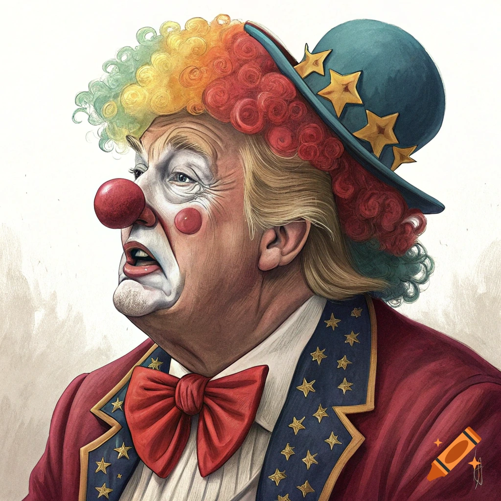 Portrait of a person in clown makeup, red nose, rainbow wig, red bow tie, and blue and red suit with stars.