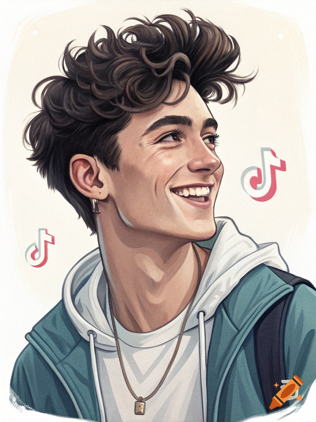 Stylized portrait of a young man smiling, with two TikTok logos in the background.