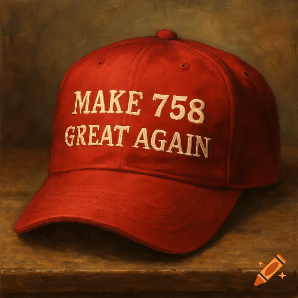 A red baseball cap with white text that reads "MAKE 758 GREAT AGAIN," painted in a digital art style.