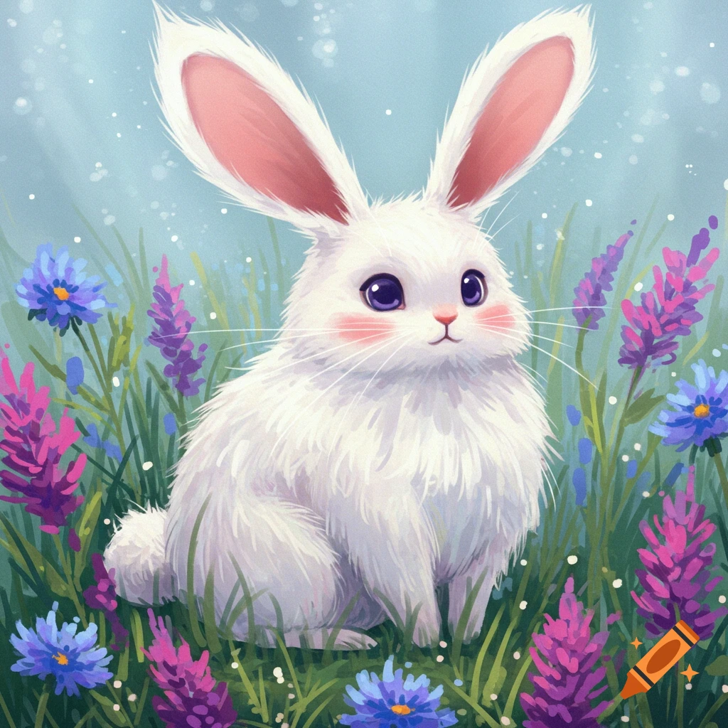 A white rabbit with long pink ears sits in a field of tall purple and blue flowers.