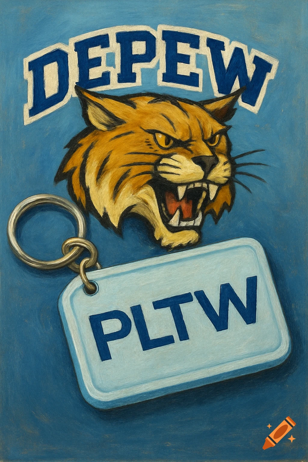 A fierce wildcat head above a keychain with the text "PLTW", all against a blue background with the word "DEPEW" arched above the cat.