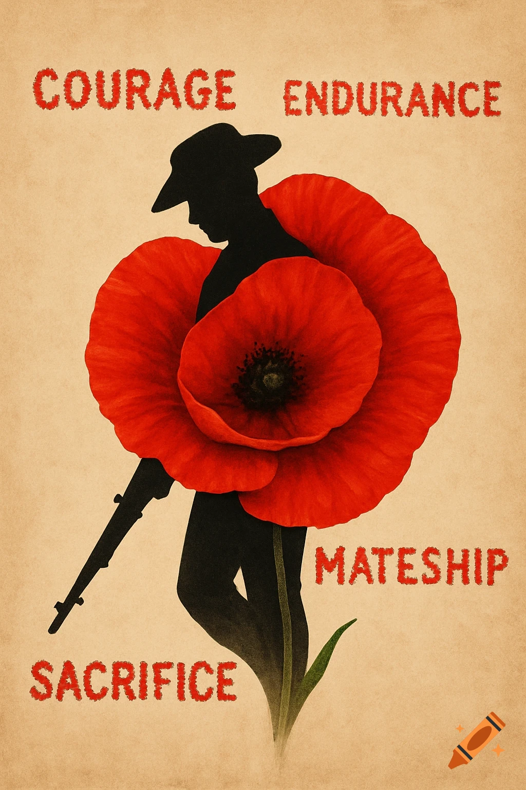 A soldier silhouette wrapped in a large red poppy with words like Courage and Sacrifice around him.