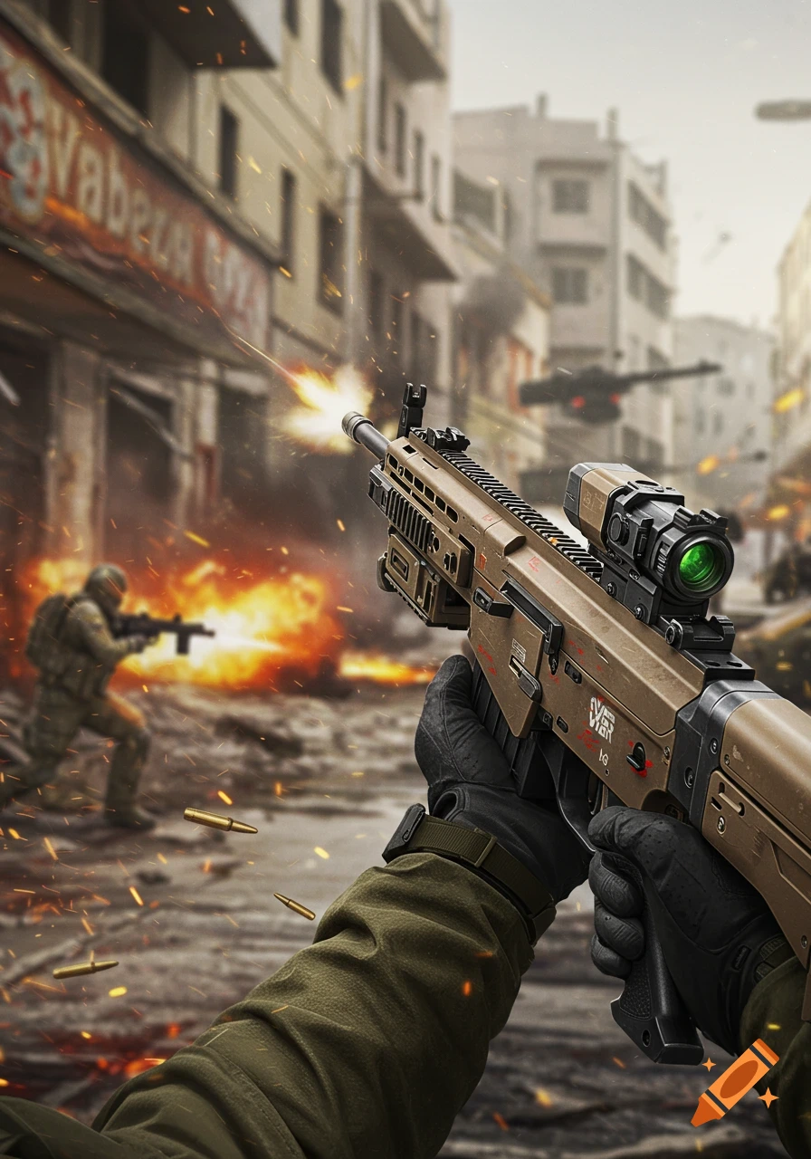 First-person view of soldier firing assault rifle in urban combat