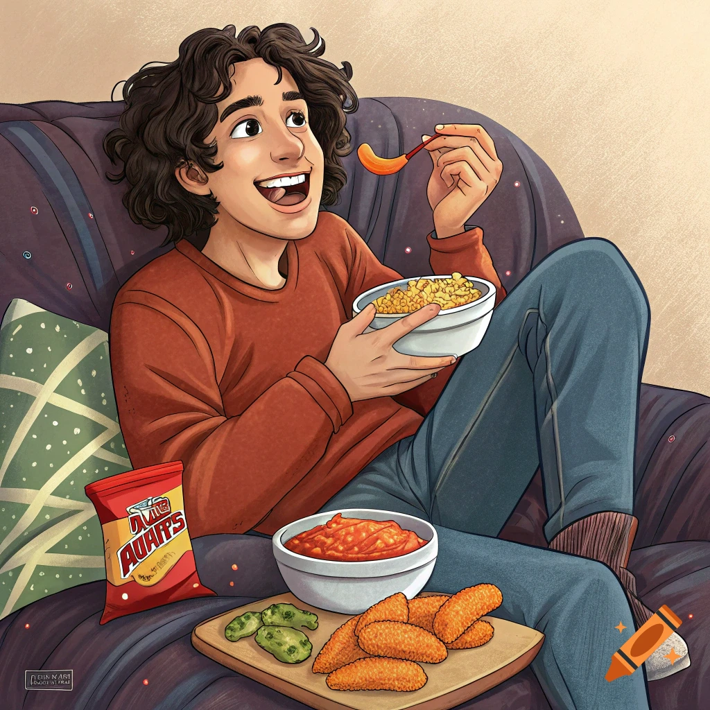 Illustration of a person eating snacks on a couch.