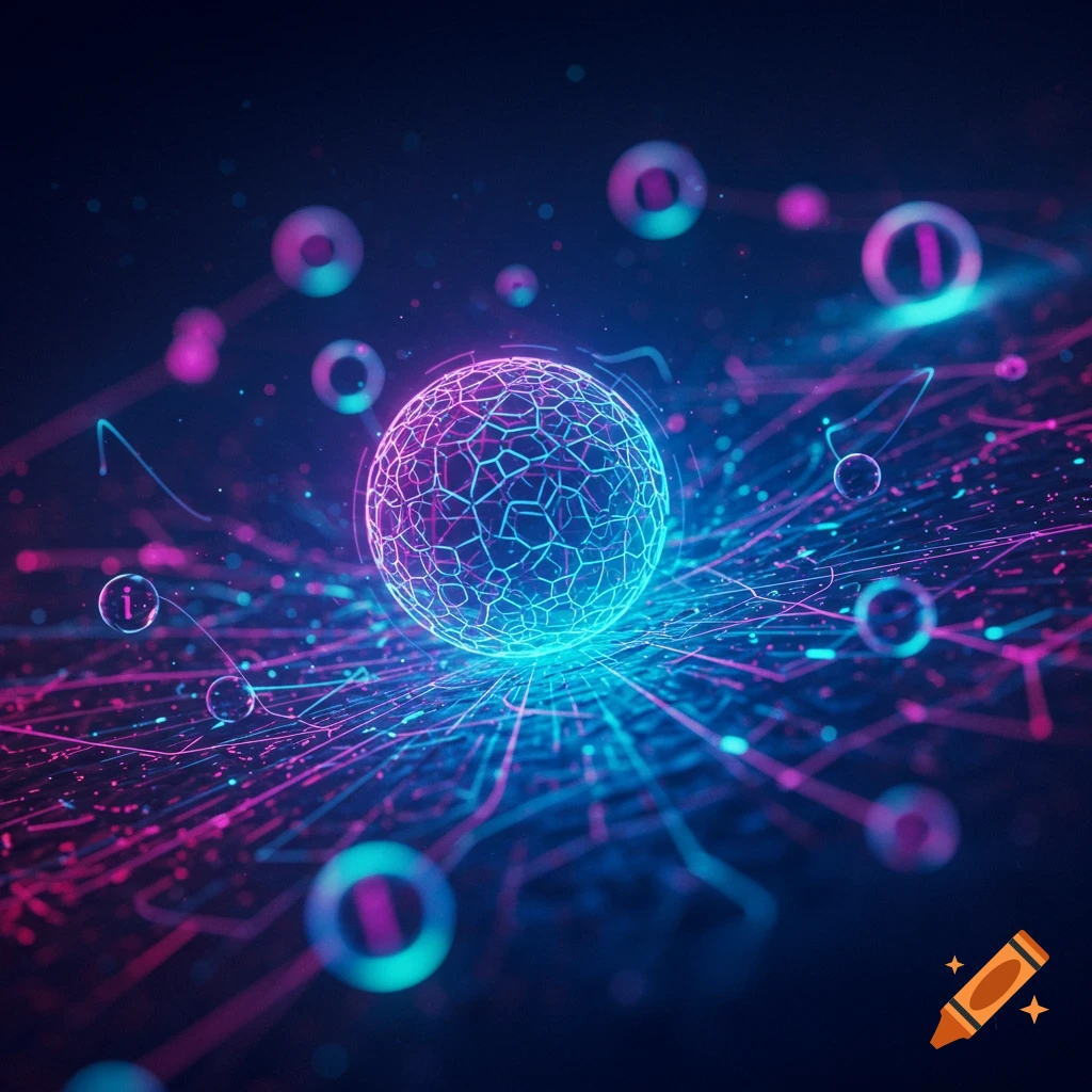 Abstract digital art of a glowing blue and pink network with a central sphere and intricate connections.
