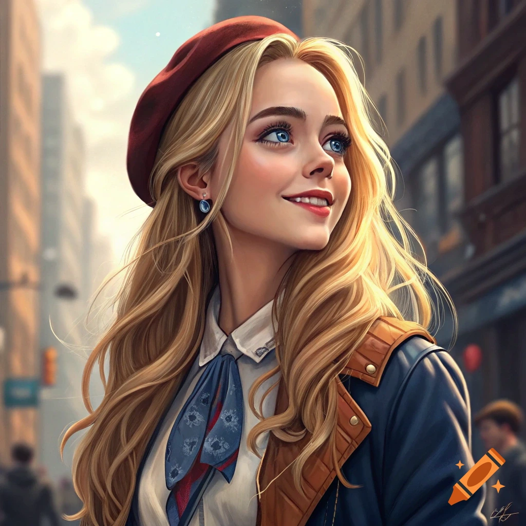 Blonde woman in a red beret and jacket smiling on a city street