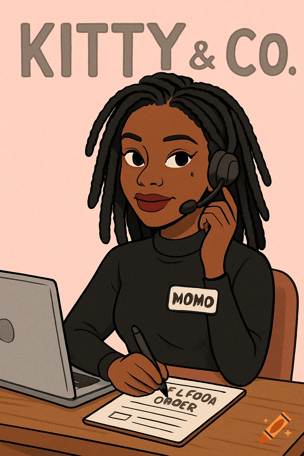 Cartoon of a woman with dreads wearing a headset and nametag, writing on a form at a desk. Background says 'Kitty & Co.'.