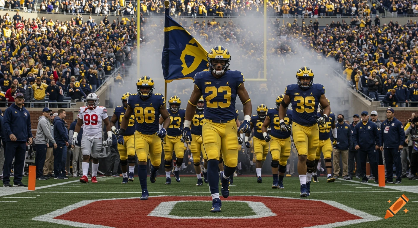 Michigan Wolverines football players run onto field past an Ohio State player in stadium.
