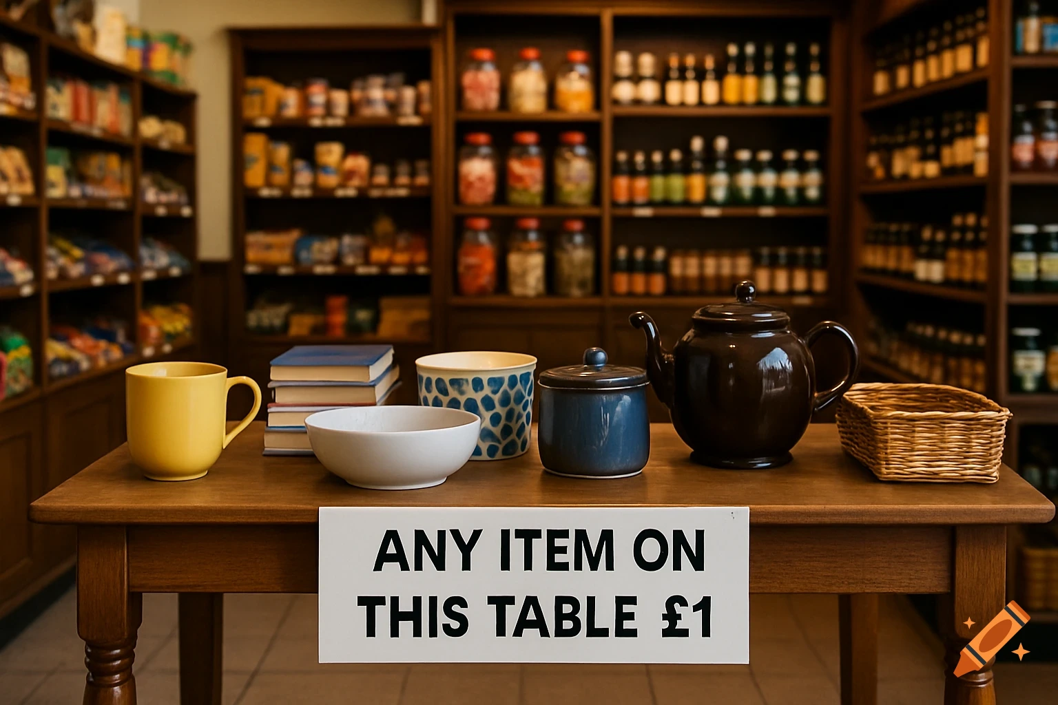 A table with a yellow mug, books, bowls, a teapot, and a basket, in front of shelves in a shop. A sign says 'ANY ITEM ON THIS TABLE £1'.