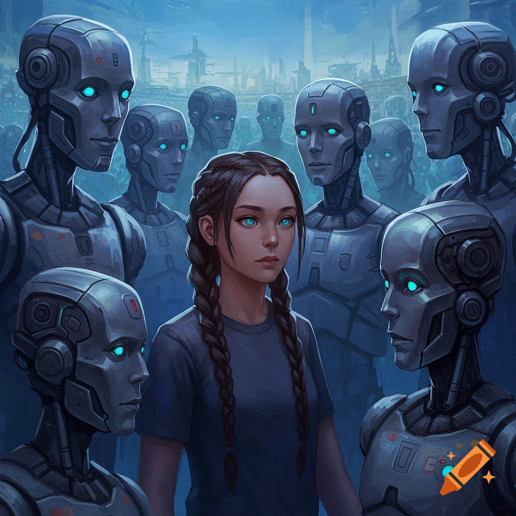 A young woman stands among robots with blue eyes in a futuristic city.