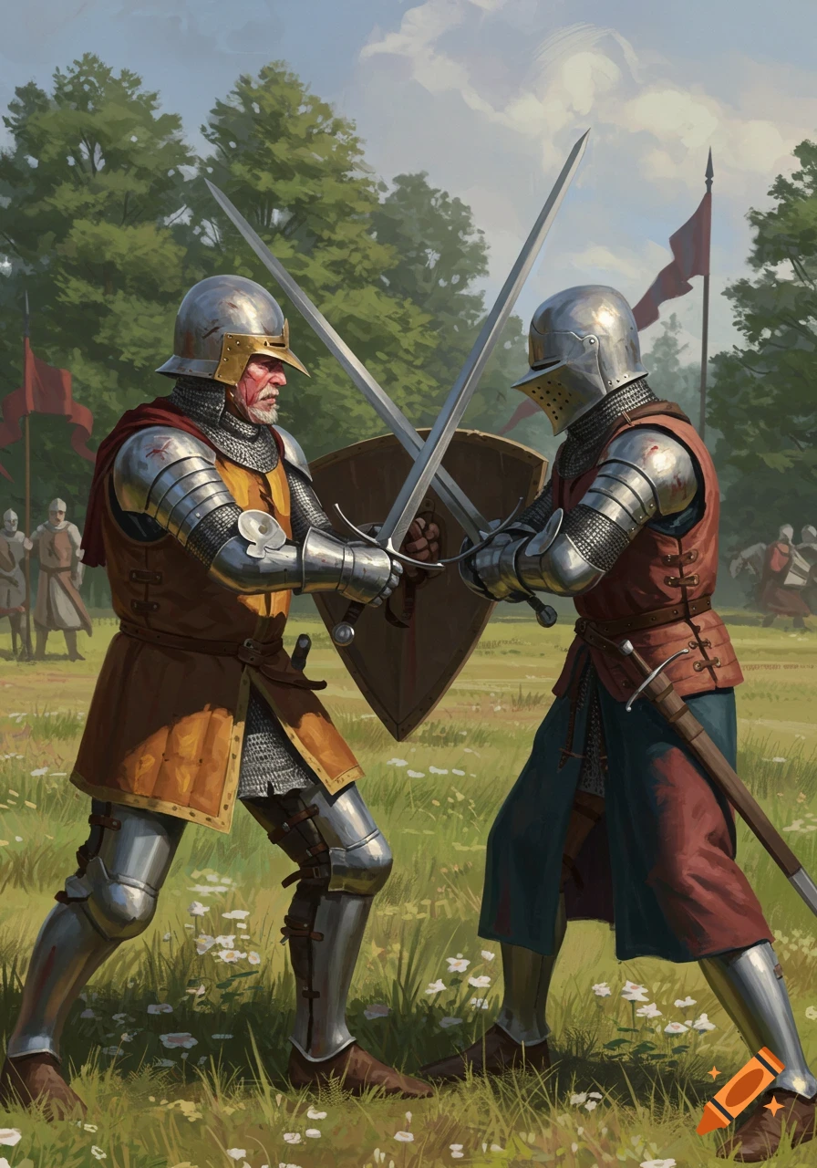 Two medieval knights duel with swords in a field, illustrated in a historical art style.
