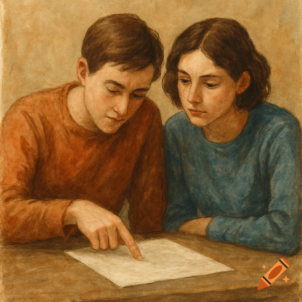 A man and woman look at a paper on a table.