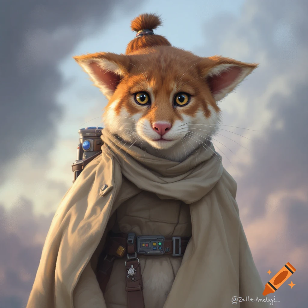 A fox-like cat character wears a brown robe and sci-fi gear against a cloudy sky.