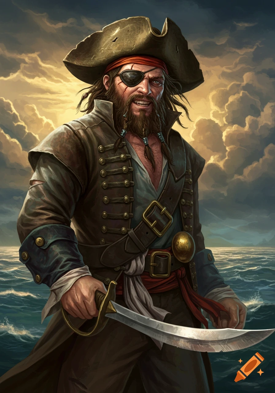 A bearded pirate with an eyepatch and hat, holding a sword, with stormy skies and ocean behind him.