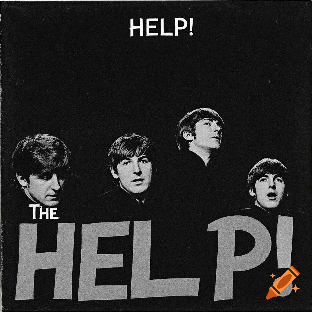 Black and white cover art for The Beatles album Help! featuring the four band members and large text.