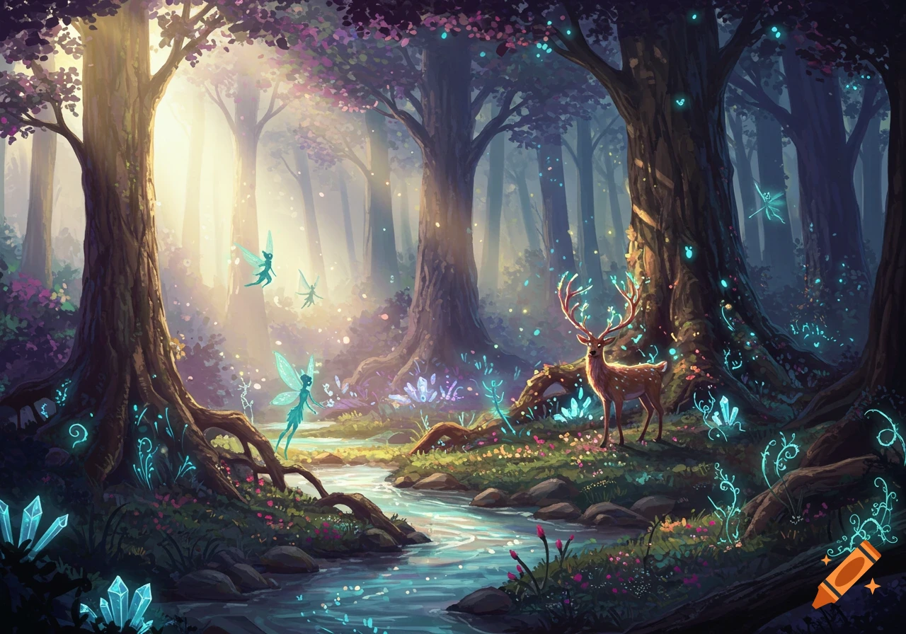 A magical forest scene with a deer, fairies, glowing crystals, and a stream.