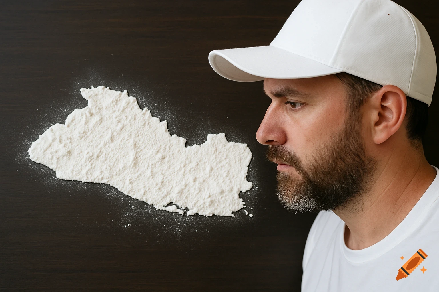 Man in white cap looking at a map of El Salvador made from white powder on a dark surface.
