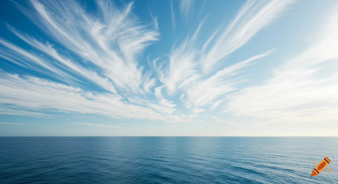 Wispy clouds in a bright blue sky over a calm blue ocean.