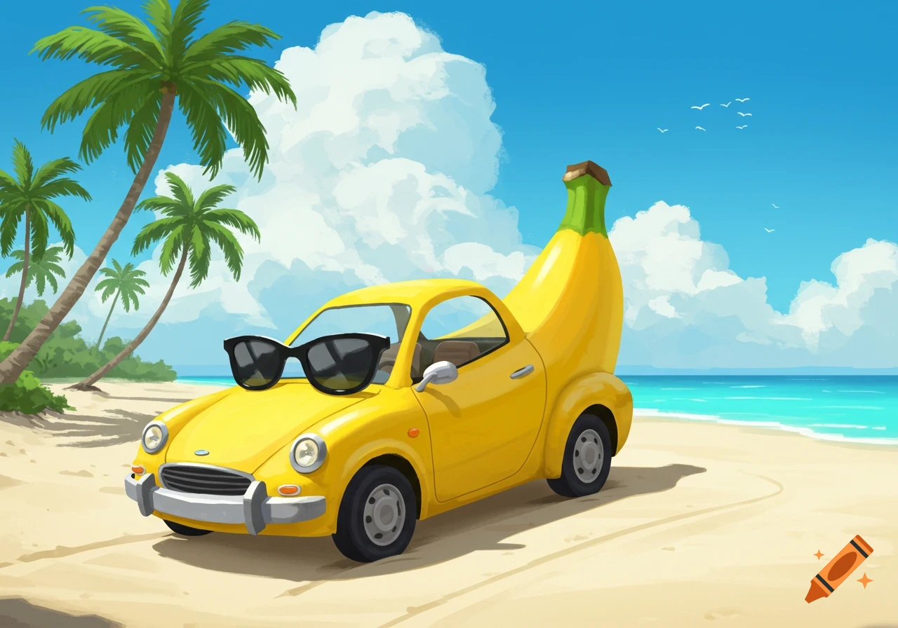 A yellow car shaped like a banana with sunglasses is on a beach with palm trees.
