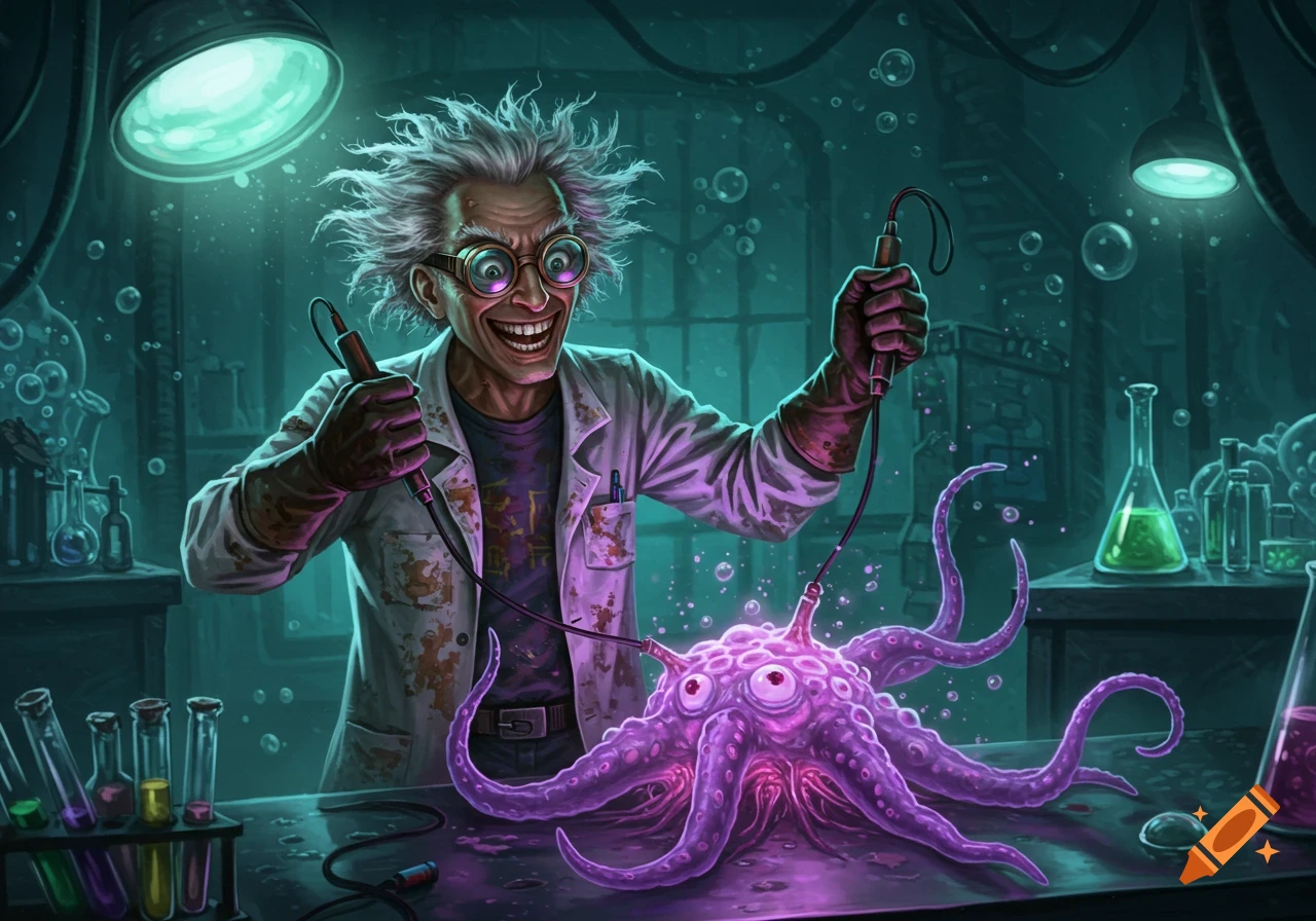 Mad scientist working in a lab on a purple alien creature with tentacles and multiple eyes.