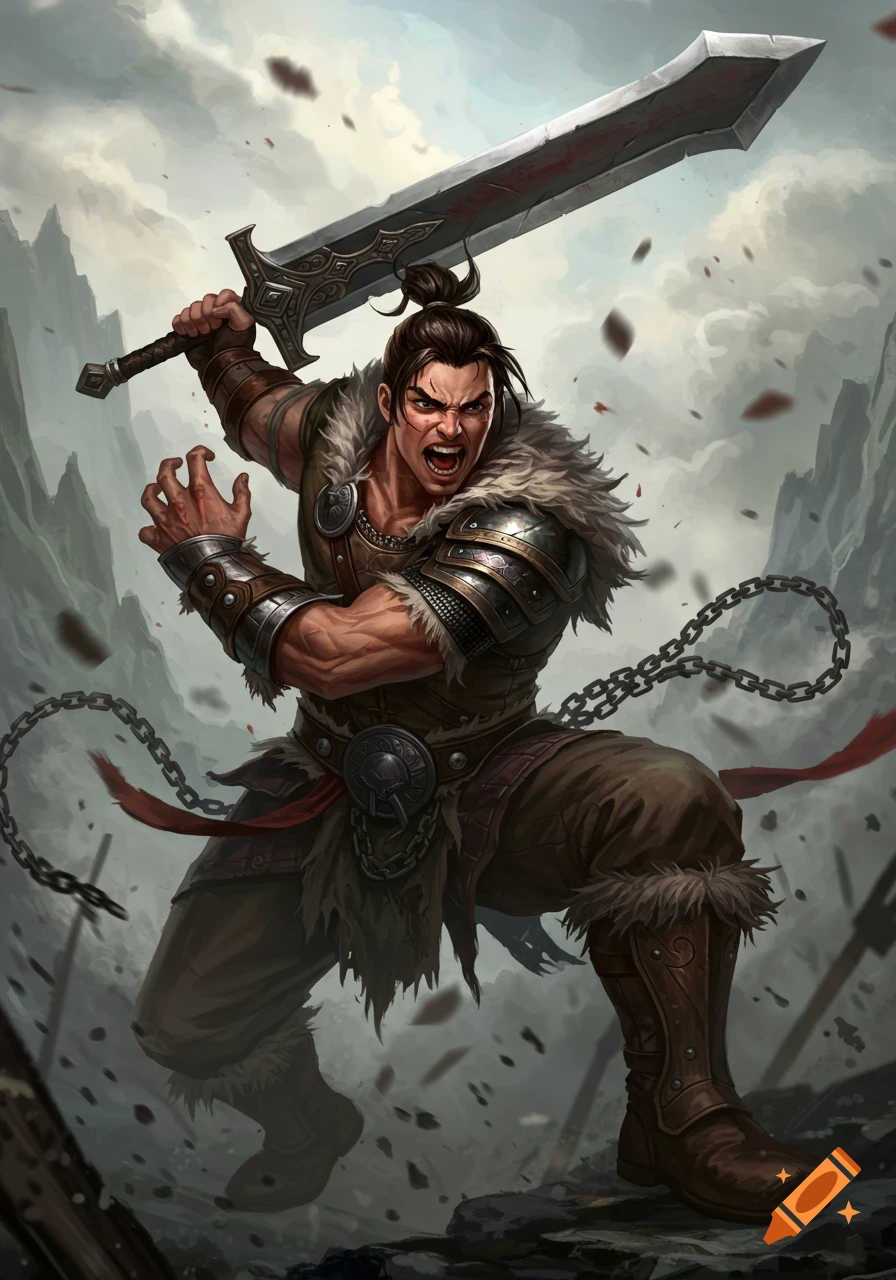 A fantasy warrior raising a large sword in a dynamic, aggressive pose.