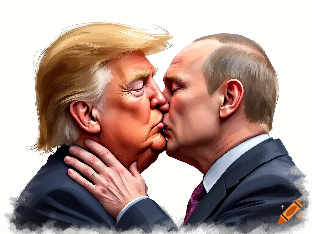 Illustration of Donald Trump and Vladimir Putin kissing