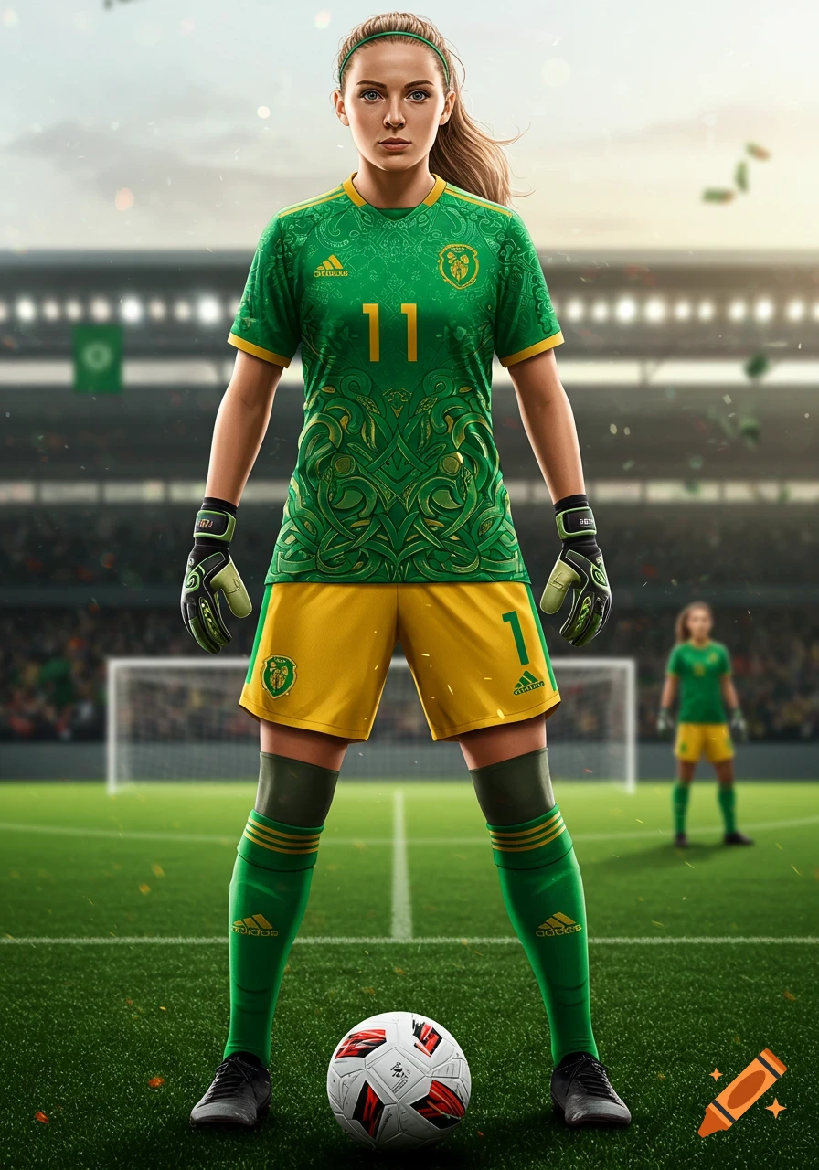 A female soccer goalie in a green and gold uniform stands in a stadium with a ball.