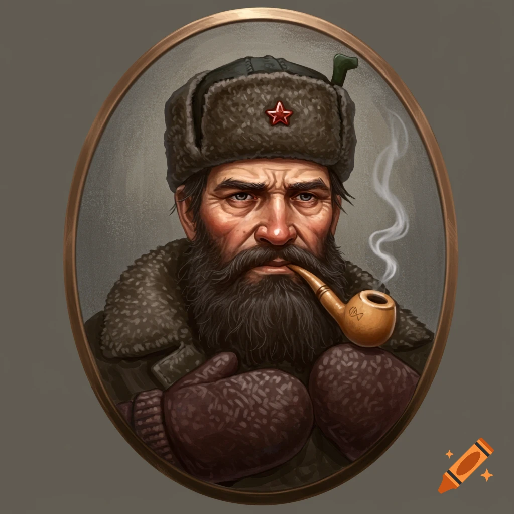A portrait of a Russian man with a beard, ushanka hat, and mittens, smoking a pipe in an oval frame.