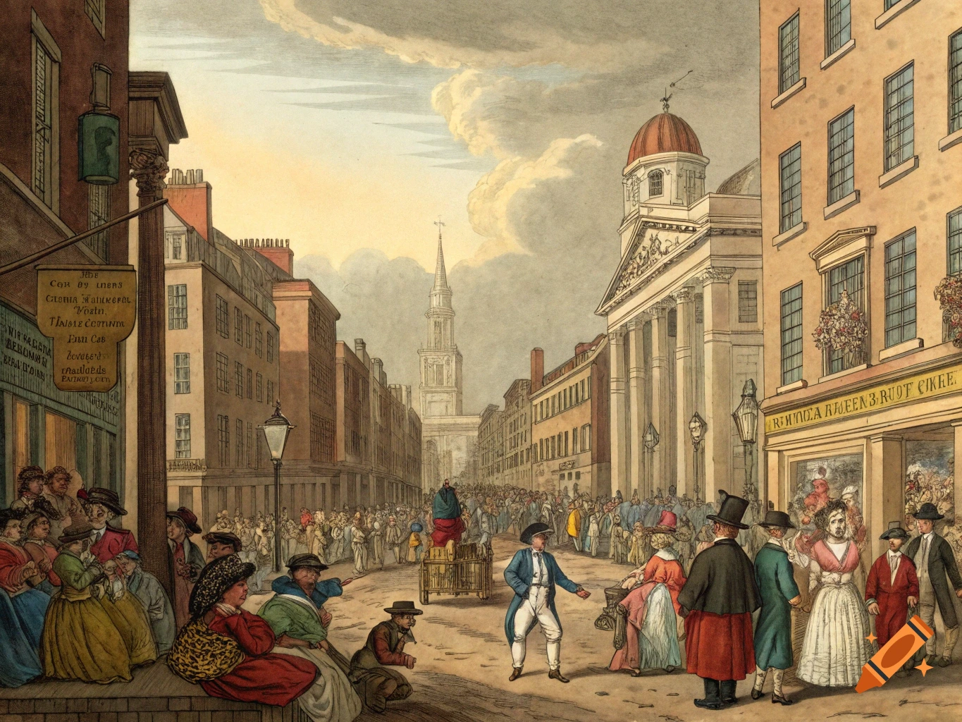 Historical illustration of a busy city street with people and buildings.