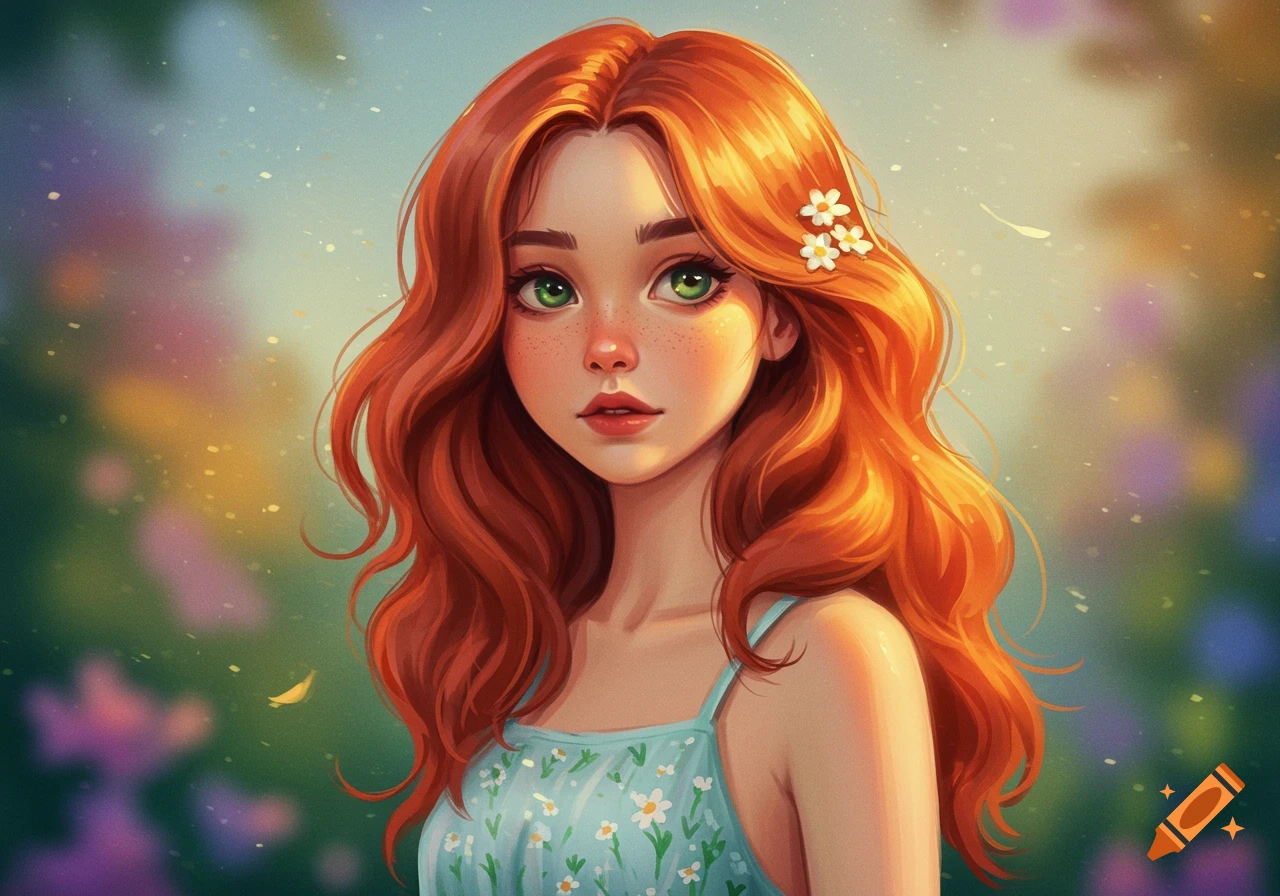 A girl with red hair, green eyes, and freckles, wearing a blue dress in a meadow.