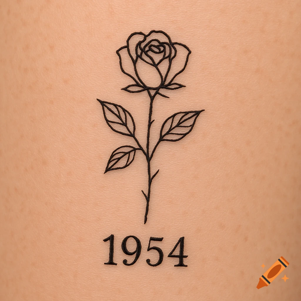 Black line art rose tattoo with the number 1954 on skin.