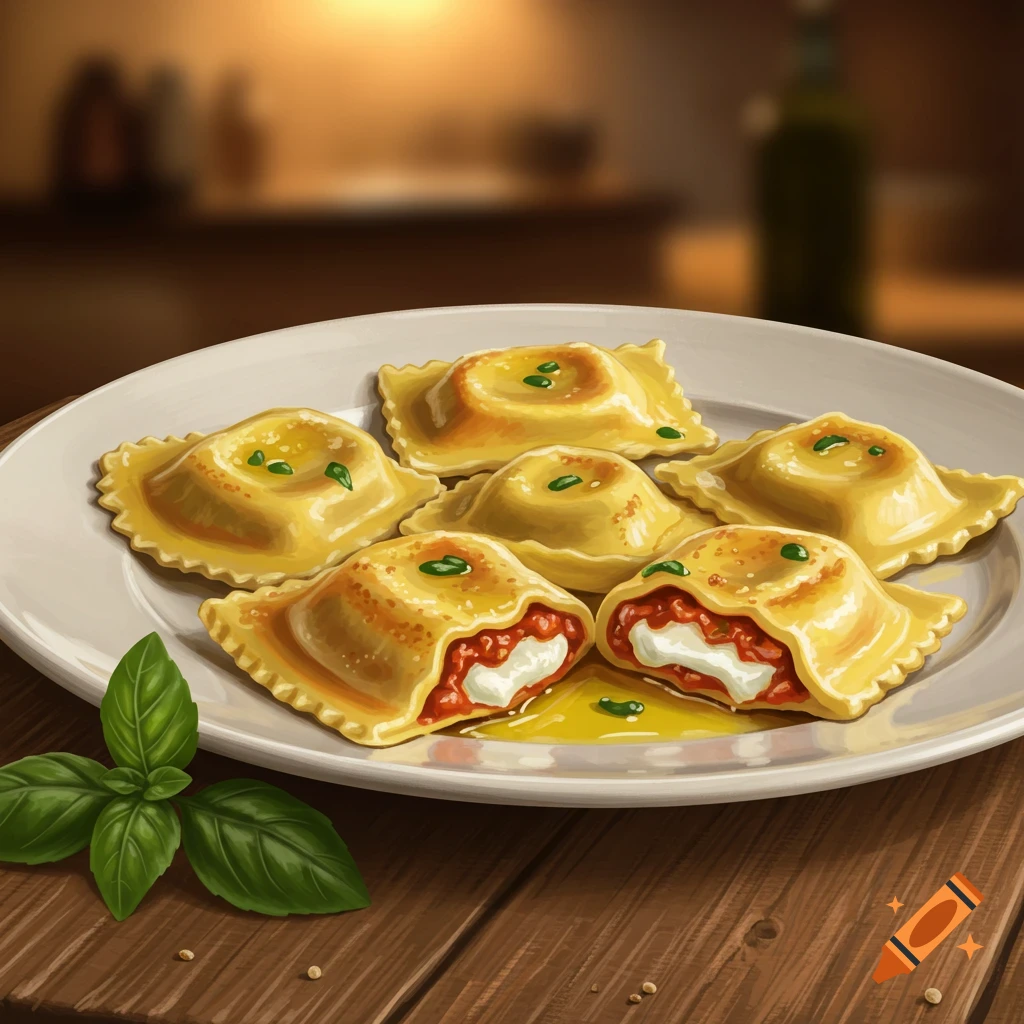 Ravioli filled with cheese and sauce on a white plate.